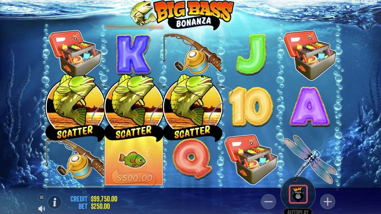 Big Bass Bonanza gameplay: three scatter symbols and a money symbol on the reels