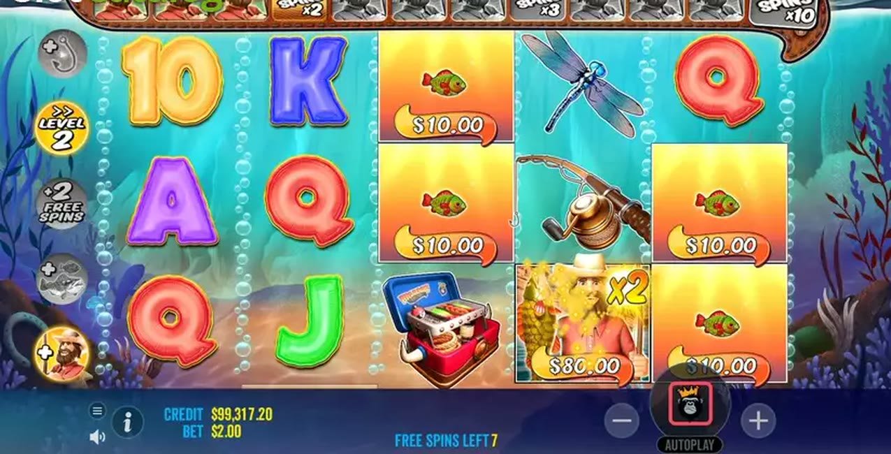 Big Bass Splash gameplay: free spins, money symbols and a fisherman wild at 2× multiplier