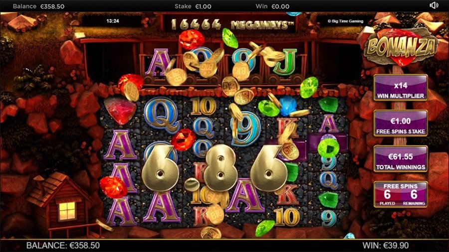 Bonanza Megaways gameplay: six reels, the horizontal reel and mine carts