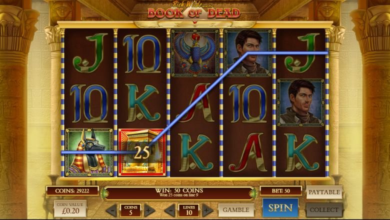 Book of Dead gameplay: a winning line, Rich Wilde symbols, Anubis and the book on the reels