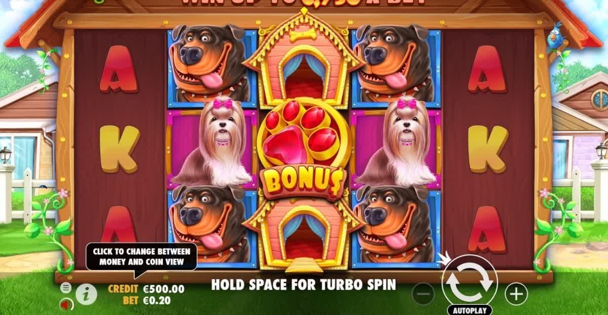The Dog House gameplay: dog symbols on the reels and the paw scatter bonus symbol in the centre