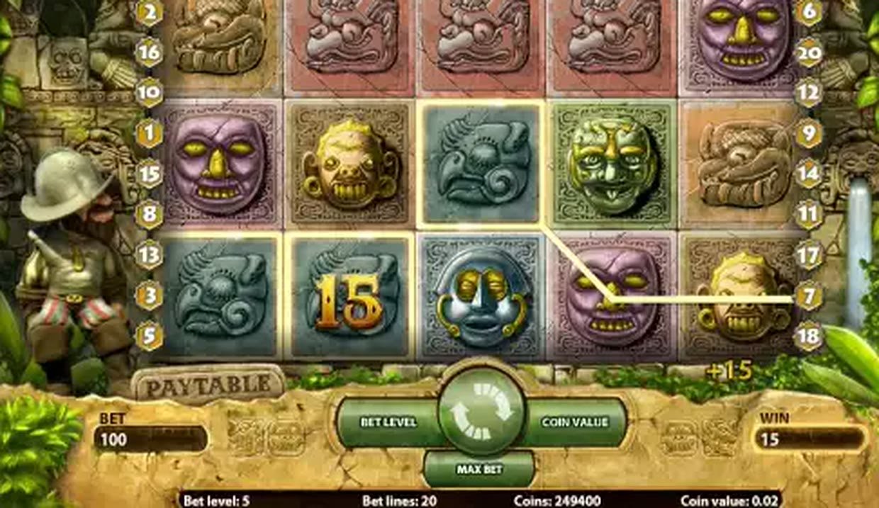 Gonzo's Quest gameplay: Aztec glyphs on the reels and a rising win multiplier