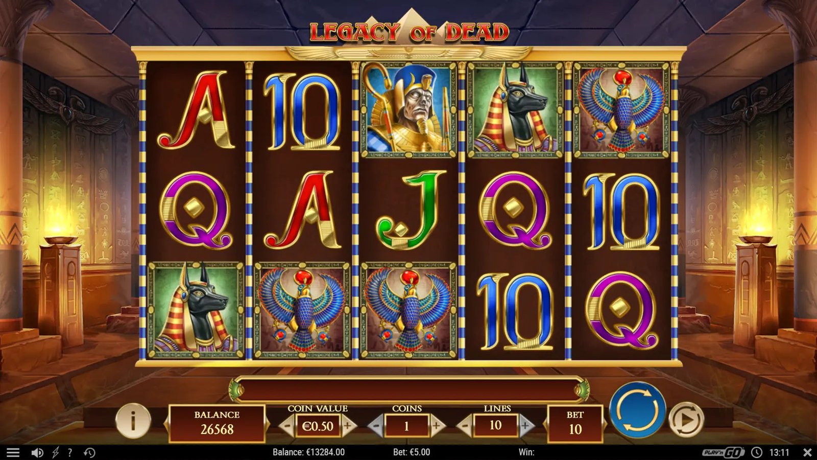 Legacy of Dead gameplay: a 5×3 reel set with Egyptian symbols, the pharaoh's mask and Anubis on the reels