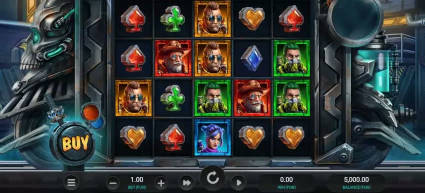 Money Train 3 gameplay: 5×4 reel set, gas-mask characters and the buy-feature button