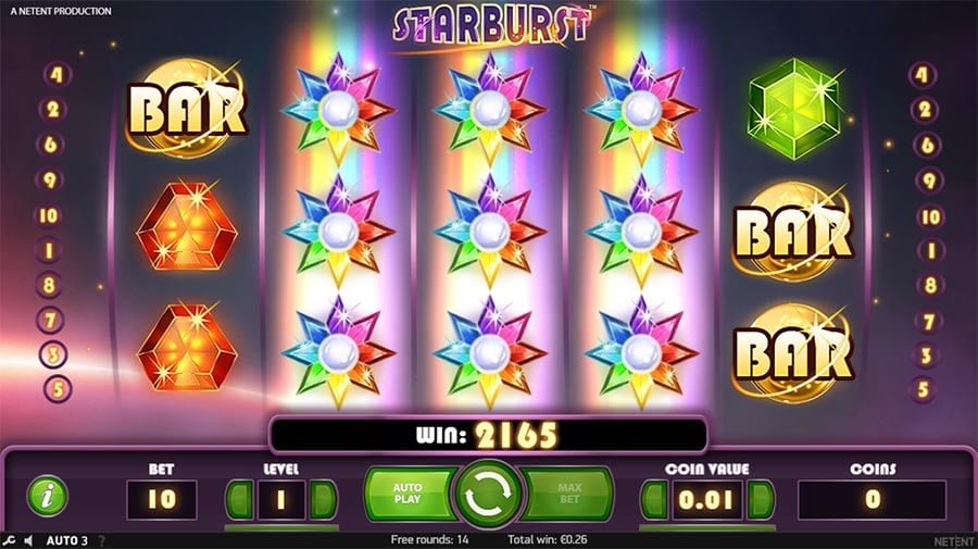 Starburst gameplay: three expanded Starburst Wilds on the middle reels with BAR symbols