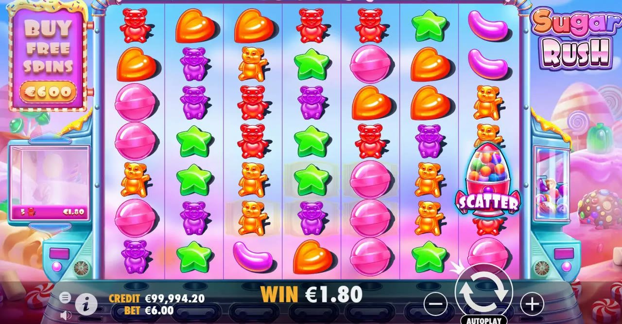 Sugar Rush gameplay: a 7×7 candy grid, a scatter symbol and the buy-feature button