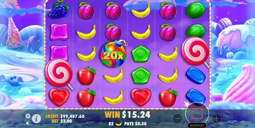 Sweet Bonanza gameplay: 6×5 grid, lollipop scatter and a 20× multiplier bomb on the reels